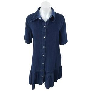 Gorman Blue Corduroy Velvet Velour Short Sleeve Button Up Ruffle Shirt Dress 12